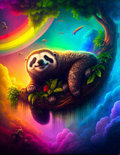Cute Sloth Hanging From A Tree Branch In Abstract Rainbow Coloured Jungle With Colorful Red And Blue Sky - Post Produced Ai Generative Illustration