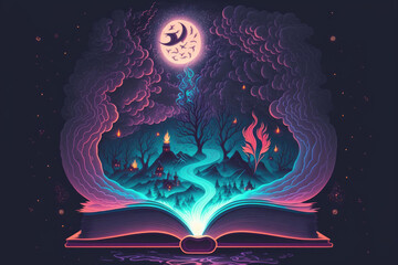 Dark background with smoke, fog, neon moonlight, and a classic fantasy book with magic. illustration. Generative AI