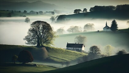 Sticker -  a house on a hill surrounded by fog and trees in the distance with a house in the middle of the picture, with a few trees in the foreground.  generative ai