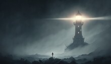  A Person Standing On A Rocky Shore In Front Of A Lighthouse With A Light On Top Of It In A Dark Foggy Night Sky.  Generative Ai