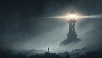 Wall Mural - a person standing on a rocky shore in front of a lighthouse with a light on top of it in a dark fogg