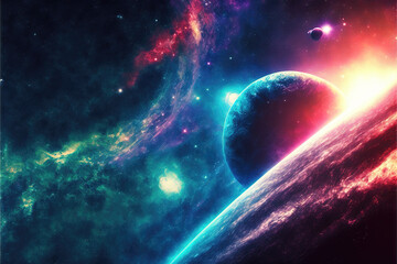 an impressive sci fi universe illustration with a lot of different colors, wallpaper style, generative ai technology