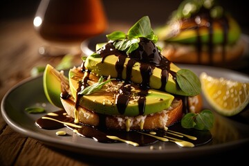 Sticker -  a plate of food with avocado and chocolate drizzled on top of it and a slice of lime on the side.  generative ai