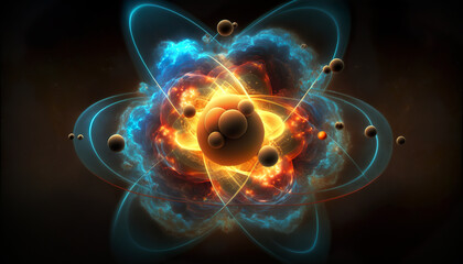 Wall Mural - a striking representation of an atom with orbiting electrons, showcasing vibrant orange and blue ene