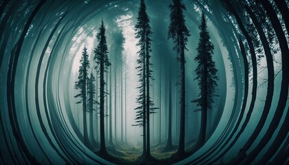 Sticker -  a forest filled with lots of trees and tall trees in the middle of the forest, with a foggy sky in the middle of the middle.  generative ai