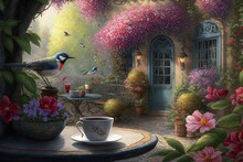  A Painting Of A Bird Sitting On A Table With A Cup And Saucer In Front Of A House With Flowers And A Bird On It.  Generative Ai
