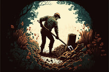Man Digging Grave. Death And Funeral. Vector Illustration.