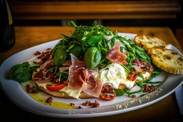 Poster -  a white plate topped with a salad and a slice of bread on a table next to a glass of wine and a bottle of wine.  generative ai