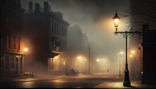 A Foggy Street With A Lamp Post And Street Lights On A Foggy Night In The Town Of A City With Old Buildings And Cobblestones.  Generative Ai