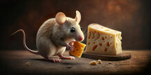 Mouse And Cheese. Illustration Of The Mouse Eating The Cheese. AI Generated Image.