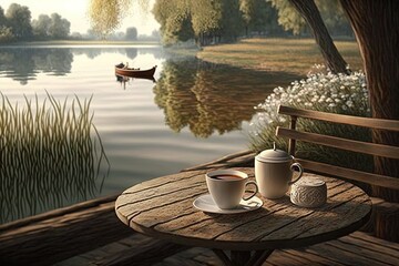  two cups of coffee sit on a wooden table overlooking a lake with a boat in the distance and a bench with a cup of coffee on it.  generative ai