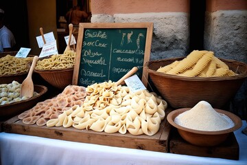 Poster -  a display of different types of pasta on a table with a chalkboard sign in front of it and bowls of pasta on the table.  generative ai