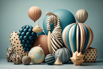 Sticker -  a group of balloons and other items on a table with a blue background and a blue wall behind it, with a black and white stripe balloon in the middle of the middle.  generative ai