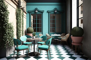 Sticker -  a room with a checkered floor and a table and chairs with potted plants on the side of the room and a green wall.  generative ai