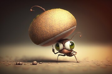 Wall Mural -  a very cute little bug with big eyes and a big ball on its back, standing on one leg and holding a stick in his other hand.  generative ai