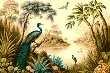 Peacock Tropical Landscape Illustration Background