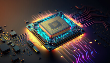 Central computer processors CPU on motherboard, technology background, chip on board, digital computer science with Generative Ai.