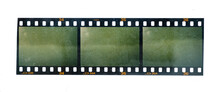 Short Dia Filmstrip With Three Empty Or Blank Picture Frames Isolated On White Background, Nice Retro Photo Placeholder.