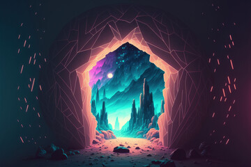 Canvas Print - Imaginary cosmic scenery with a doorway to another planet. neon polygonal crystal that glows. Illustration of a tunnel, route, extraterrestrial planet, and space. Generative AI