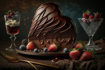 Wall Mural - Delicious Dark Chocolate Cake with Fruit for Valentine's Day