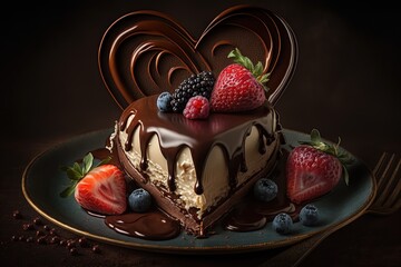 Wall Mural - Delicious Dark Chocolate Cake with Fruit for Valentine's Day