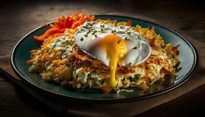 Poster -  a plate of food with a fried egg on top of a bed of rice and carrots on a wooden tablecloth with a napkin.  generative ai