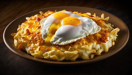  a plate of pasta with an egg on top of it and a side of cheese on the side of the plate on the table in front of the plate is a dark wood table.  generative ai