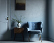© The 2R Artificiality - Gray wall, blue chair, and wood side table in the room. Generative AI