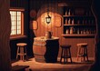 cartoon illustration, old tavern with wooden bar counter, ai generative
