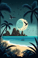 Poster - cartoon illustration, seascape with palm trees on the shore, generative ai