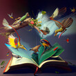 birds exploding from a magical book of potential and knowledge 3d illustration, ai generated