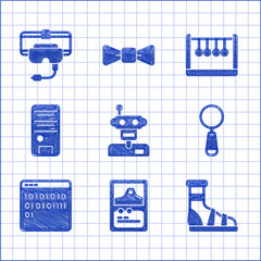 Sticker - Set Robot, Card game, Slippers with socks, Magnifying glass, Binary code, Computer, Pendulum and Virtual reality glasses icon. Vector