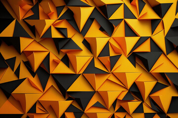 Sticker - Zigzag of chaotic yellow rhombuses and orange triangles. Volumetric geometry is used in the backdrop and rigorous element design. Generative AI