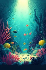 Wall Mural - cartoon illustration, underwater scene of the seabed with corals and algae, ai generative