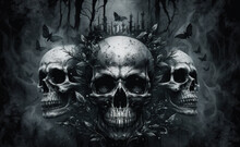 Banner Featuring Skulls Of The Dead. Illustration Of A Scary Scene With Ghostly Skulls In A Mist. Generative AI