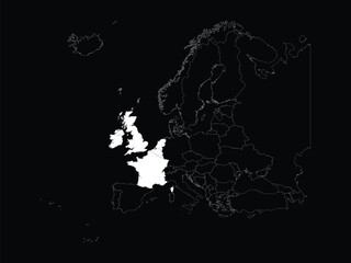 White map of West European countries within map of European continent on black background