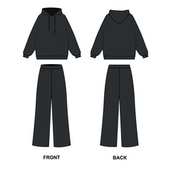 Wall Mural - Sketch of a fashionable black suit consisting of wide trousers and a hoodie, vector. Outline drawing Pajama pants and sweatshirt. Women's tracksuit template, front and back view.