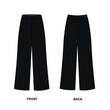 Vector drawing of fashionable, wide trousers in black. Palazzo pants front and back view, vector. Loose fit jersey sweatpants template, vector