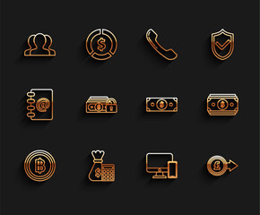 Poster - Set line Cryptocurrency coin Bitcoin, Calculator with money bag, Users group, Computer monitor and mobile phone, Coin pound sterling symbol, Money lock, Stacks paper cash and icon. Vector