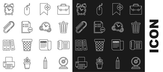 Sticker - Set line Web camera, Telephone, Trash can, Bookmark, Document with minus, Paper clip, Alarm clock and Time Management icon. Vector