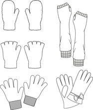 Unisex Gloves Set. Technical Fashion Glove Illustration. Flat Apparel Glove Template Front And Back, White Color. Unisex CAD Mock-up.