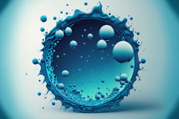 Poster - water droplets splatter in a blue hue. a round water drop. Glass with a water drop. Spray, drops, splashes, and distorted patterns emerging from the water. Generative AI