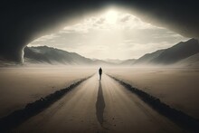  A Person Standing In The Middle Of A Desert Road With A Light At The End Of The Tunnel And Mountains In The Distance With A Sun Shining Through.  Generative Ai