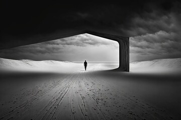 Poster -  a person standing in the middle of a desert under a dark sky with a large open door in the middle of the road to a person standing in the middle of the distance.  generative ai