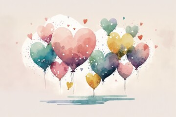 Sticker -  a bunch of heart shaped balloons floating in the air on a pink background with a splash of watercolor on the bottom of the balloons.  generative ai