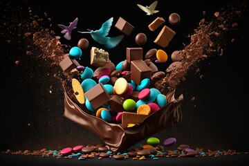 Poster -  a pile of chocolate and candy falling into a chocolate bag with birds flying around it and a bird flying above it, with a splash of chocolate on a black background.  generative ai