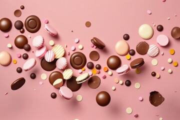 Sticker -  a pink background with lots of different types of chocolates and candies scattered around the top of the image on a pink surface with confetti.  generative ai