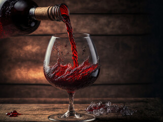 Poster - Red wine is poured into a glass on a wooden backdrop. Generative AI