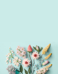 Poster - Spring Flowers on a Blue Background, Flatly, Room for Copy (Generative AI)