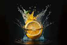 Lemon Falls Into Water With Water Splash (Generative AI)